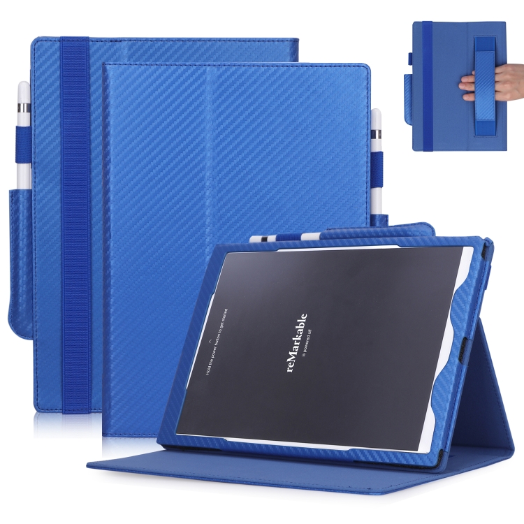 

For reMarkable 10.3 inch (2018) Carbon Fiber Texture PU Horizontal Flip Leather Case with Holder & Pen Slot & Hand Strap(Blue)