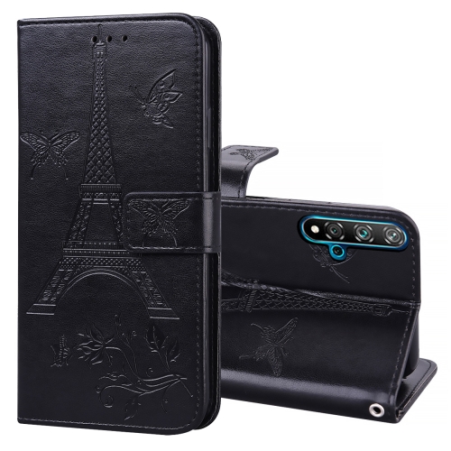 

For Huawei Nova 5T Embossing Tower Butterflies Pattern Horizontal Flip PU Leather Case with Holder & Card Slot & Wallet(Black)