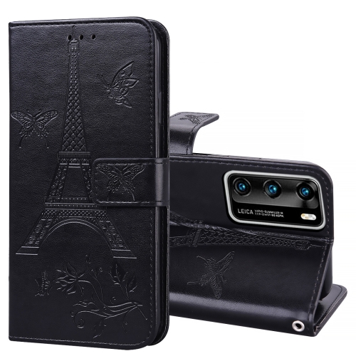 

For Huawei P40 Embossing Tower Butterflies Pattern Horizontal Flip PU Leather Case with Holder & Card Slot & Wallet(Black)
