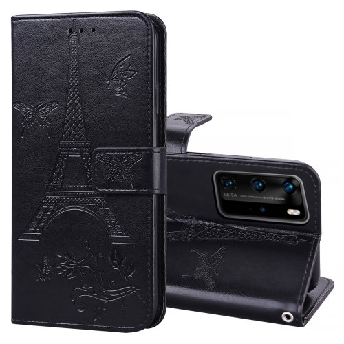 

For Huawei P40 Pro Embossing Tower Butterflies Pattern Horizontal Flip PU Leather Case with Holder & Card Slot & Wallet(Black)