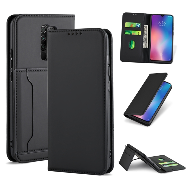 

For Xiaomi Redmi 9 Strong Magnetism Shockproof Horizontal Flip Liquid Feel Leather Case with Holder & Card Slots & Wallet(Black)