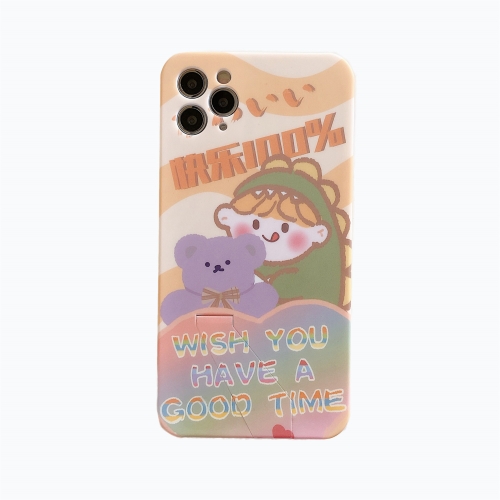 

For iPhone 11 Pro Max Liquid Painted Pattern TPU Shockproof Invisible Bracket Phone Protective Case(Little Bear Dinosaur Girl)