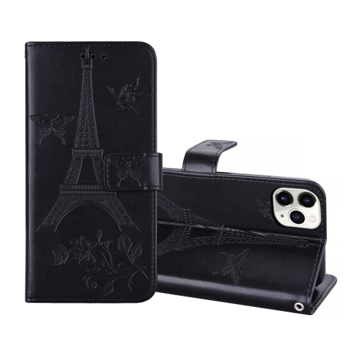 

For iPhone 11 Pro Max Embossing Tower Butterflies Pattern Horizontal Flip PU Leather Case with Holder & Card Slot & Wallet(Black)