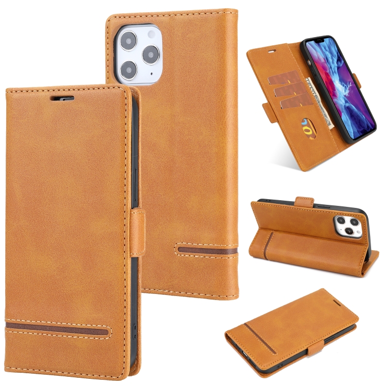 

For iPhone 12 Pro Max Business Style Line Splicing Horizontal Flip TPU + PU Leather Case with Card Slots & Holder & Wallet(Brown)