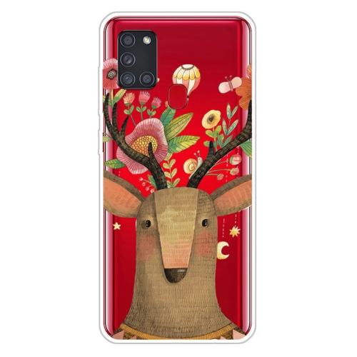 

For Samsung Galaxy A21s Shockproof Painted Transparent TPU Protective Case(Flower Deer)