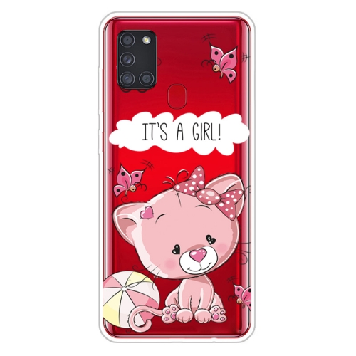 

For Samsung Galaxy A21s Shockproof Painted Transparent TPU Protective Case(Cute Cat)