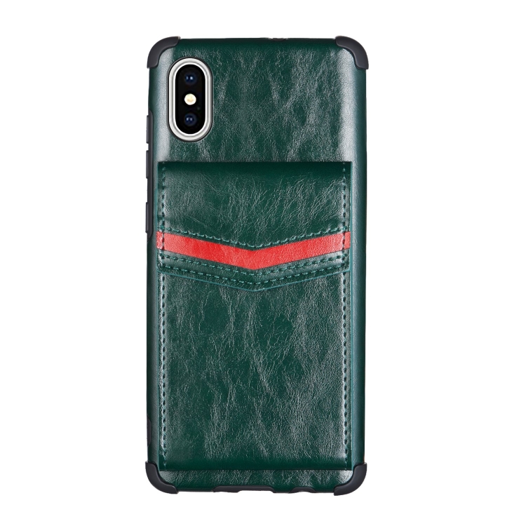 

For iPhone XS / X Flip Card Bag Copper Buckle TPU + PU Leather Back Cover Shockproof Case with Card Slots & Photo Frame(Dark Green)