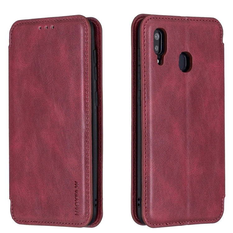 

For Samsung Galaxy A20 Calf Texture Magnetic Horizontal Flip Leather Case with Holder & Card Slots & Wallet(Red)