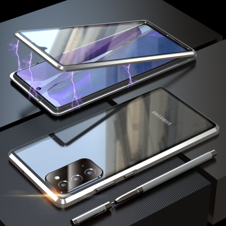 

For Samsung Galaxy Note20 Ultra Shockproof Double-sided Tempered Glass Magnetic Attraction Case with Black Camera Lens Protector Cover(Silver)