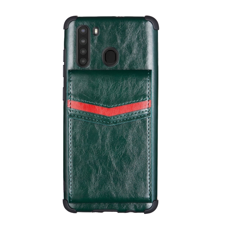 

For Samsung Galaxy A21 Flip Card Bag Copper Buckle TPU + PU Leather Back Cover Shockproof Case with Card Slots & Photo Frame(Green)