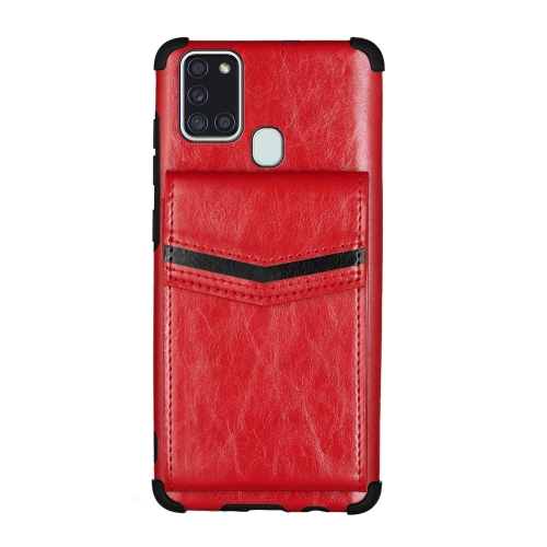 

For Samsung Galaxy A21s Flip Card Bag Copper Buckle TPU + PU Leather Back Cover Shockproof Case with Card Slots & Photo Frame(Red)