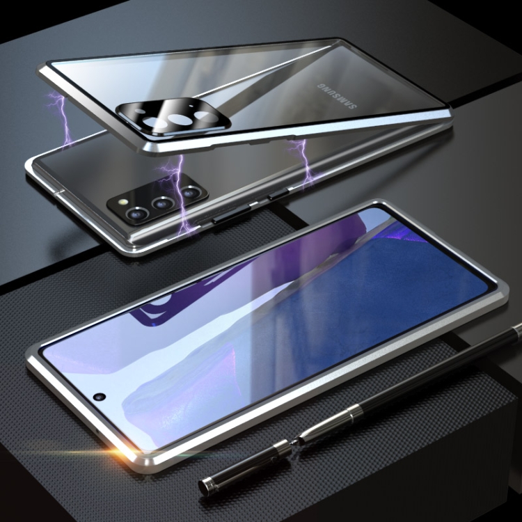 

For Samsung Galaxy Note20 Shockproof Single-sided Tempered Glass Magnetic Attraction Case with Black Camera Lens Protector Cover(Silver)