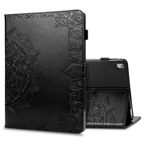 

For iPad 10.2 / iPad 10.2 (2020) Halfway Mandala Embossing Pattern Horizontal Flip PU Leather Case with Card Slots & Holder(Black)