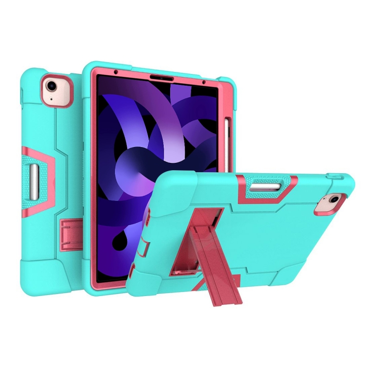 

For iPad Air (2020) 10.9 Contrast Color Robot Shockproof Silicon + PC Protective Case with Holder & Pen Slot(Mint Green + Rose Red)