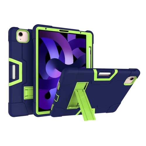 

For iPad Air (2020) 10.9 Contrast Color Robot Shockproof Silicon + PC Protective Case with Holder & Pen Slot(Navy Blue + Yellow-green)