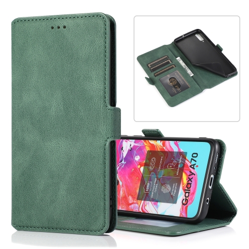 

For Samsung Galaxy A70 Retro Magnetic Closing Clasp Horizontal Flip Leather Case with Holder & Card Slots & Photo Frame & Wallet(Dark Green)