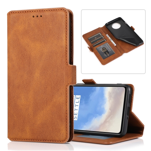 

For OnePlus 7T Retro Magnetic Closing Clasp Horizontal Flip Leather Case with Holder & Card Slots & Photo Frame & Wallet(Brown)