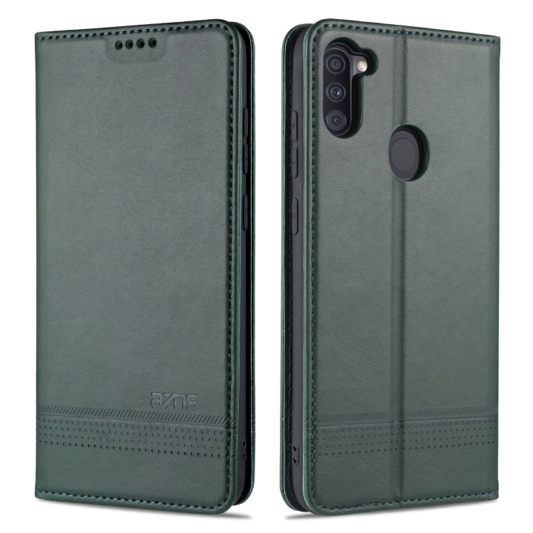 

For Samsung Galaxy A11 AZNS Magnetic Calf Texture Horizontal Flip Leather Case with Card Slots & Holder & Wallet(Dark Green)