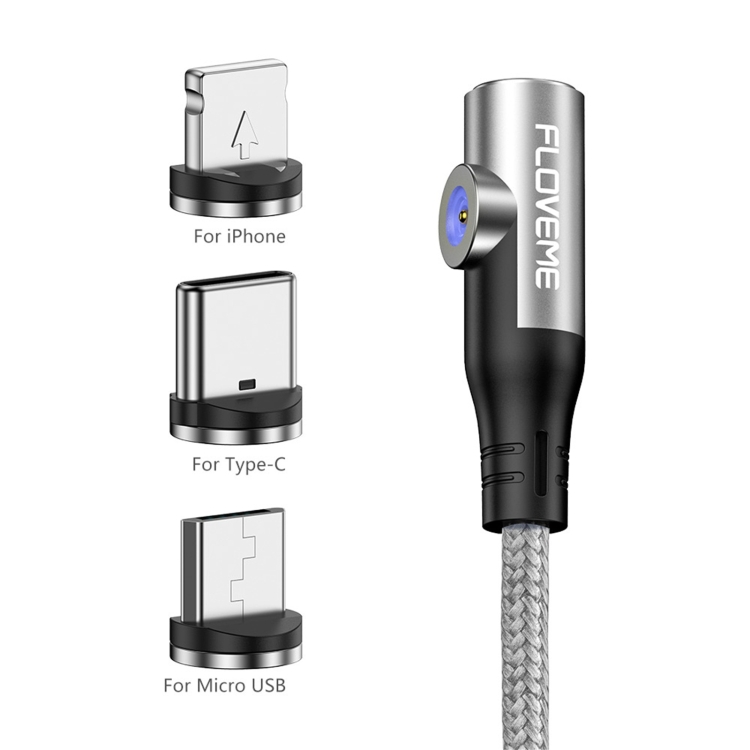 

FLOVEME YXF212896 3 In 1 2.1A 8 Pin + Type-C / USB-C + Micro USB Elbow Head Design Magnetic Charging Cable, Length: 1m(Silver)