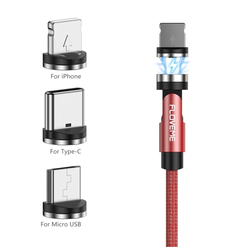 

FLOVEME YXF212901 2.1A 3 In 1 8 Pin + Type-C / USB-C + Micro USB 360 Degree Rotation Braided Magnetic Charging Cable, Length: 1m(Red)
