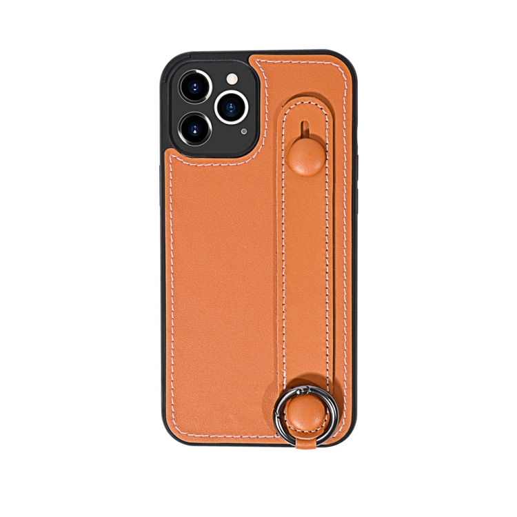 

For iPhone 11 Pro Max Top Layer Cowhide Shockproof Protective Case with Wrist Strap Bracket(Brown)