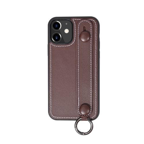 

For iPhone 12 Top Layer Cowhide Shockproof Protective Case with Wrist Strap Bracket(Coffee)