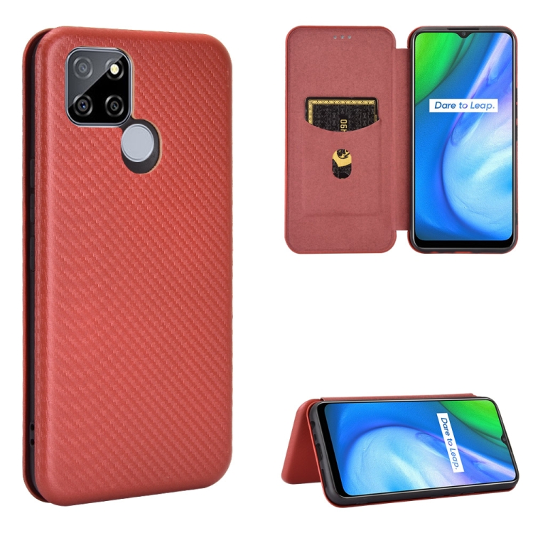 

For OPPO Realme V3 Carbon Fiber Texture Magnetic Horizontal Flip TPU + PC + PU Leather Case with Card Slot(Brown)