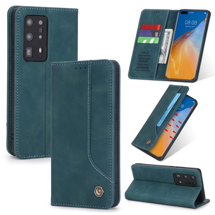 

For Huawei P40 Pro+ POLA 008 Series Retro Classic Magnetic Horizontal Flip Leather Case with Holder & Card Slots(Blue)