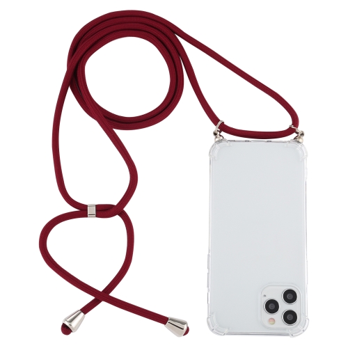 

For iPhone 12 / 12 Pro Four-Corner Shockproof Transparent TPU Case with Lanyard(Wine Red)