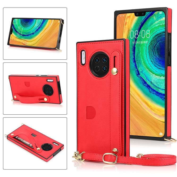 

For Huawei Mate 30 Wrist Strap PU+TPU Shockproof Protective Case with Crossbody Lanyard & Holder & Card Slot(Red)
