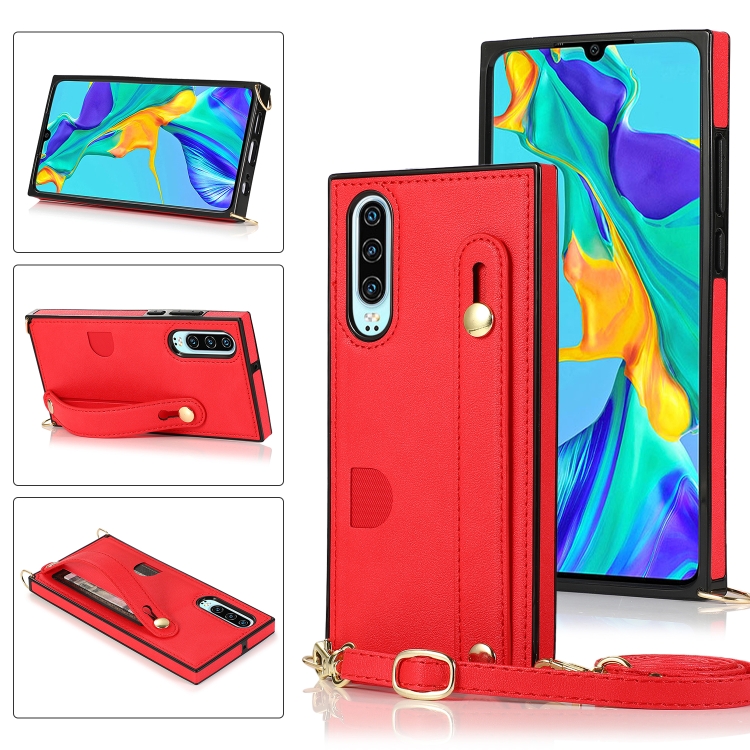 

For Huawei P30 Wrist Strap PU+TPU Shockproof Protective Case with Crossbody Lanyard & Holder & Card Slot(Red)