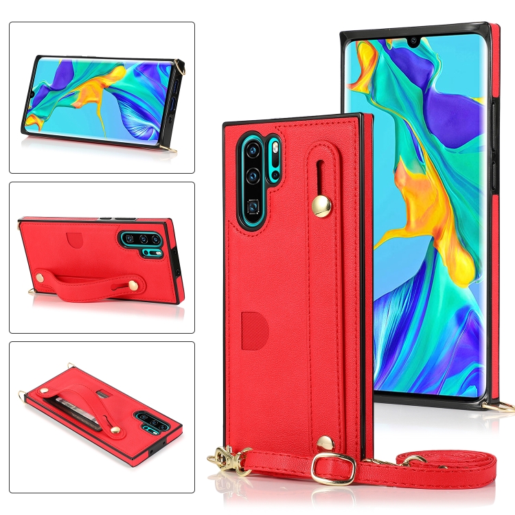 

For Huawei P30 Pro Wrist Strap PU+TPU Shockproof Protective Case with Crossbody Lanyard & Holder & Card Slot(Red)