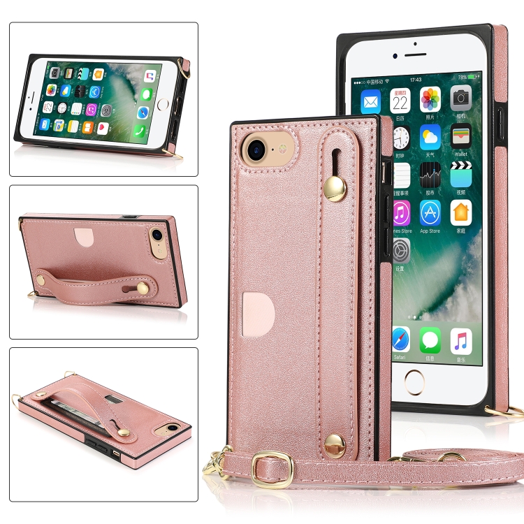 

For iPhone 6 Wrist Strap PU+TPU Shockproof Protective Case with Crossbody Lanyard & Holder & Card Slot(Rose Gold)