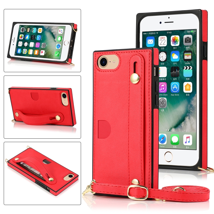 

For iPhone 7 / 8 / SE 2020 Wrist Strap PU+TPU Shockproof Protective Case with Crossbody Lanyard & Holder & Card Slot(Red)