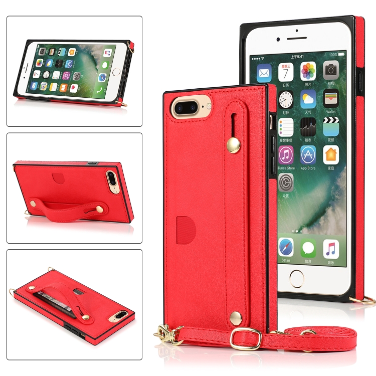 

For iPhone 8 Plus / 7 Plus Wrist Strap PU+TPU Shockproof Protective Case with Crossbody Lanyard & Holder & Card Slot(Red)