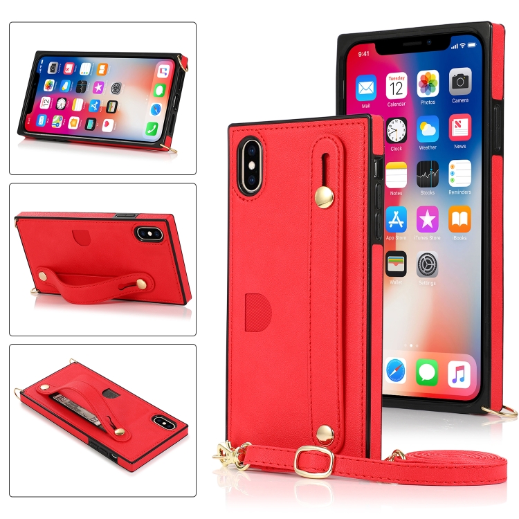 

For iPhone XS / X Wrist Strap PU+TPU Shockproof Protective Case with Crossbody Lanyard & Holder & Card Slot(Red)