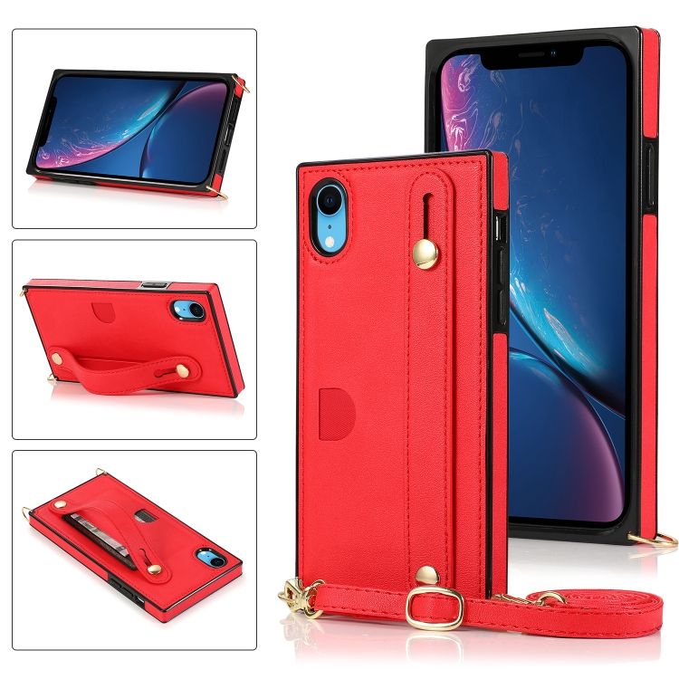 

For iPhone XR Wrist Strap PU+TPU Shockproof Protective Case with Crossbody Lanyard & Holder & Card Slot(Red)