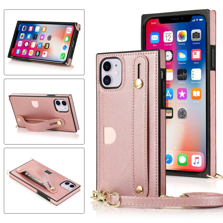 

For iPhone 11 Wrist Strap PU+TPU Shockproof Protective Case with Crossbody Lanyard & Holder & Card Slot(Rose Gold)