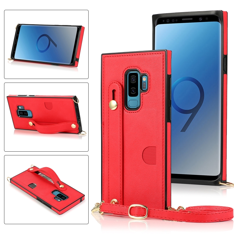 

For Samsung Galaxy S9 Wrist Strap PU+TPU Shockproof Protective Case with Crossbody Lanyard & Holder & Card Slot(Red)