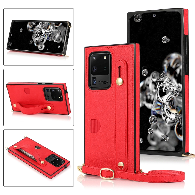 

For Samsung Galaxy S20 Ultra Wrist Strap PU+TPU Shockproof Protective Case with Crossbody Lanyard & Holder & Card Slot(Red)