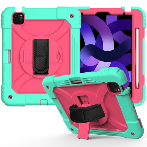 

For iPad Air (2020) 10.9 Shockproof PC + Silicone Combination Case with Holder & Hand Strap & Shoulder Strap(Mint Green + Rose Red)