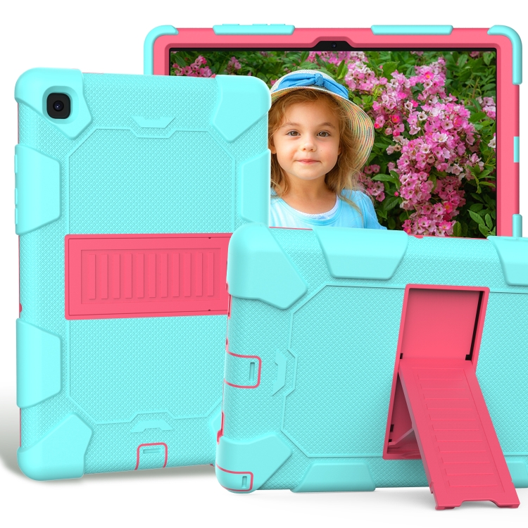 

For Samsung Galaxy Tab A7 (2020) T500/T505 Shockproof Two-Color Silicone Protective Case with Holder(Mint Green + Rose Red)