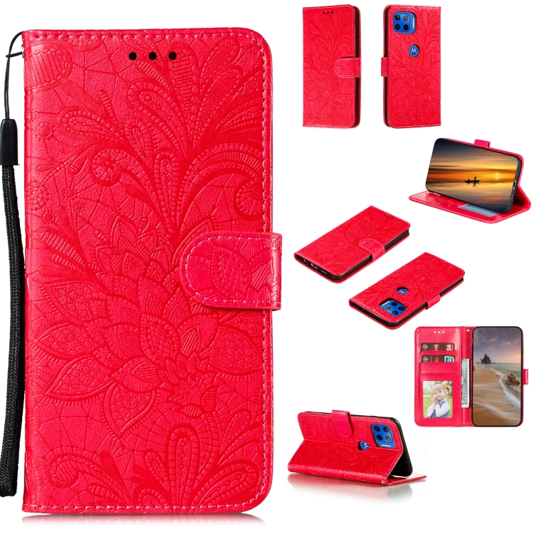 

For Motorola Moto G5 Plus 5G Lace Flower Horizontal Flip Leather Case with Holder & Card Slots & Wallet & Photo Frame(Red)