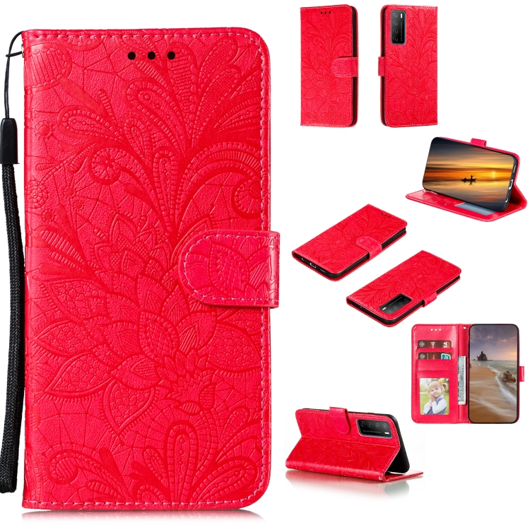 

For Huawei Honor Play 4 / Maimang 9 / Mate 40 Lite Lace Flower Horizontal Flip Leather Case with Holder & Card Slots & Wallet & Photo Frame(Red)