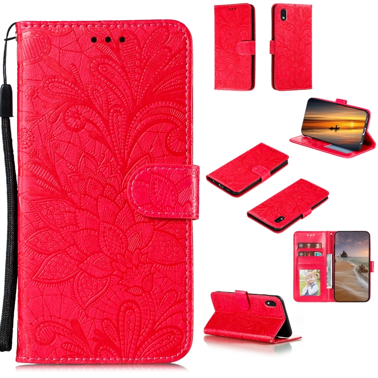 

For Samsung Galaxy A01 Core Lace Flower Horizontal Flip Leather Case with Holder & Card Slots & Wallet & Photo Frame(Red)