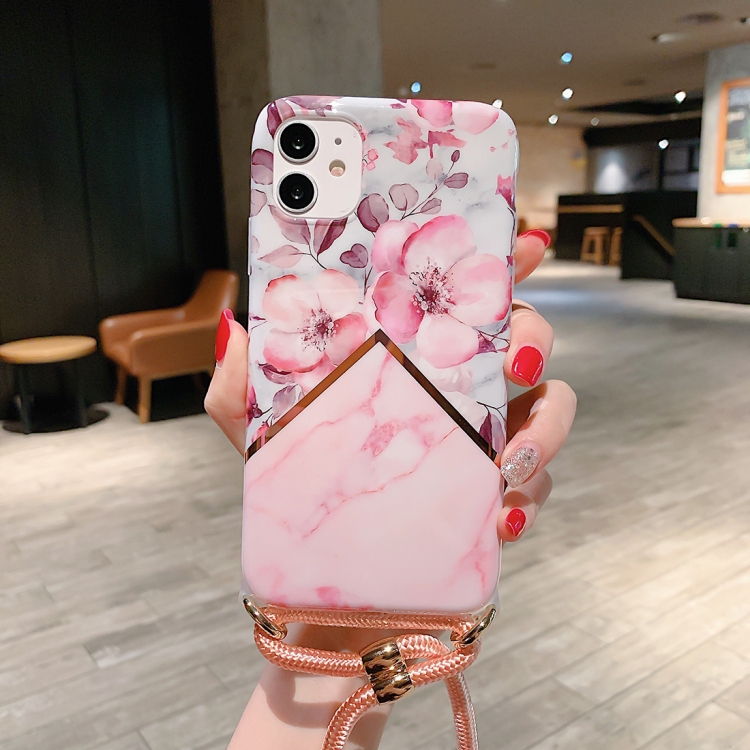 

For iPhone 12 Plating Marble Pattern Soft TPU Protective Case with Shoulder Strap(Pink Apple Blossom)