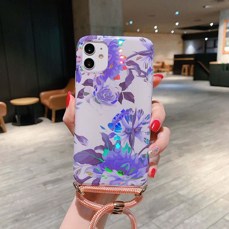 

For iPhone 12 / 12 Pro Laser Pattern Soft TPU Protective Case with Shoulder Strap(White Background Blue Flower)