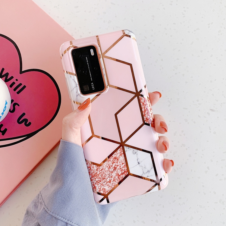 

For Huawei P40 Pro / P40 Pro+ Plating Marble Pattern Soft TPU Protective Case(Pink Lattice)