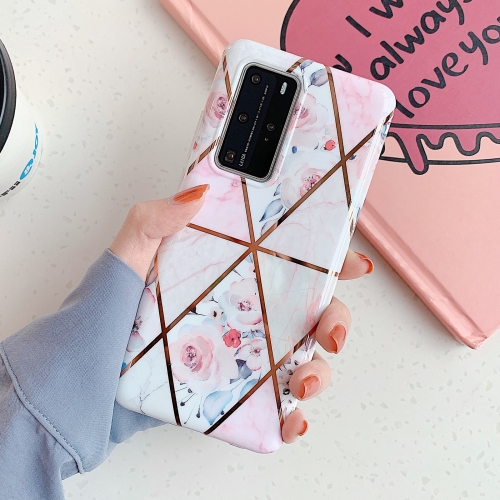 

For Huawei P40 Plating Splicing Marble Pattern Soft TPU Protective Case(Triangle Pink Flower)