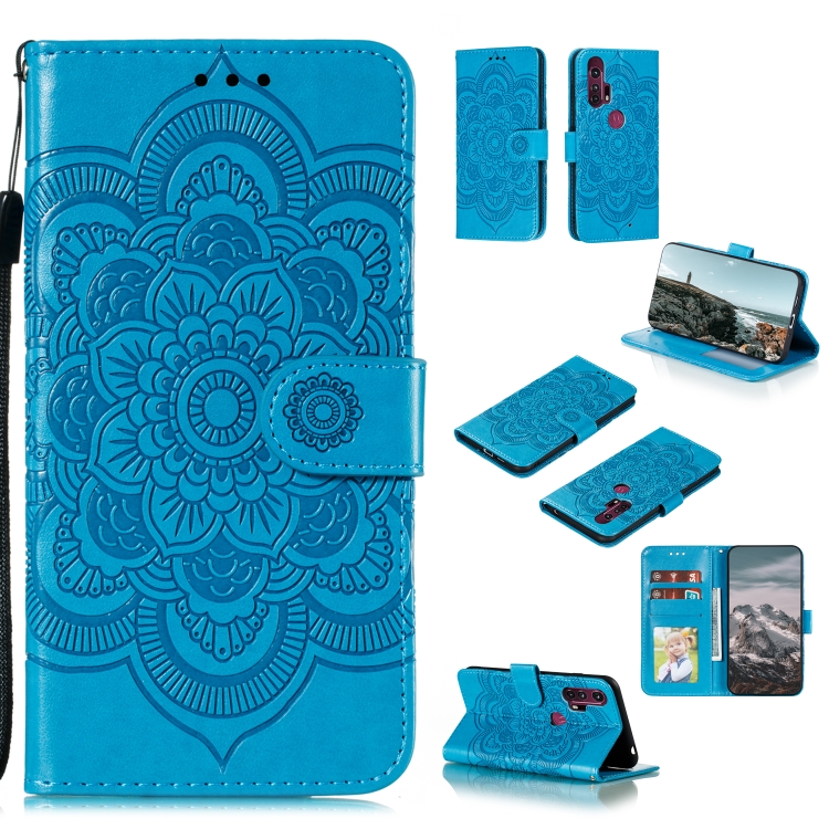 

For Motorola Moto Edge Plus Mandala Embossing Pattern Horizontal Flip PU Leather Case with Holder & Card Slots & Walle & Lanyard(Blue)